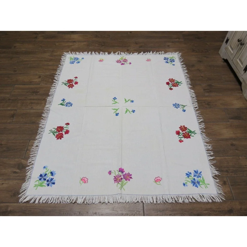 Vintage Hand Embroidered Floral White Fringed Rectangular Tablecloth Linen 50x60